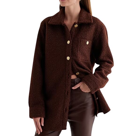 NWT Express Women's Brown Fuzzy Teddy Gold Button Down Shirt Jacket Size XL - Picture 1 of 13